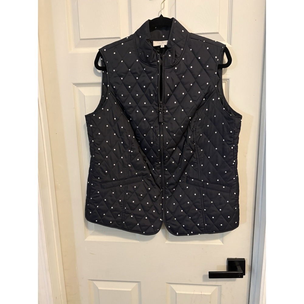 Talbots Black White Quilted Polka Dot Zip Pockets Mid-Length Women's Vest Size m